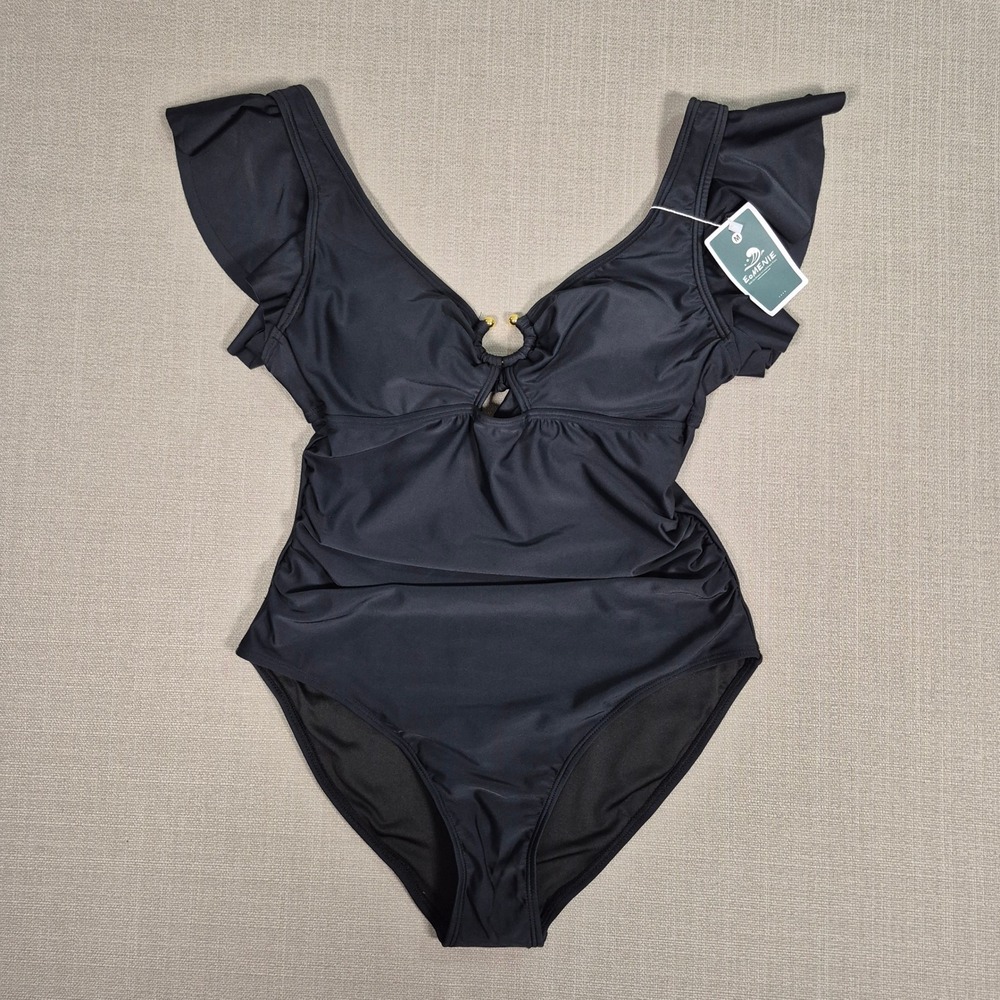 EOMENIE Womens Black Ruffle One Piece Swimsuit Tummy Control Cutout Size M NWT